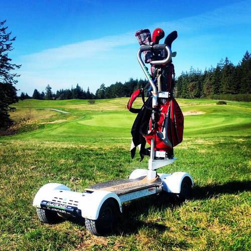 All-electric GolfBoard with a golf bag mounted on the front platform